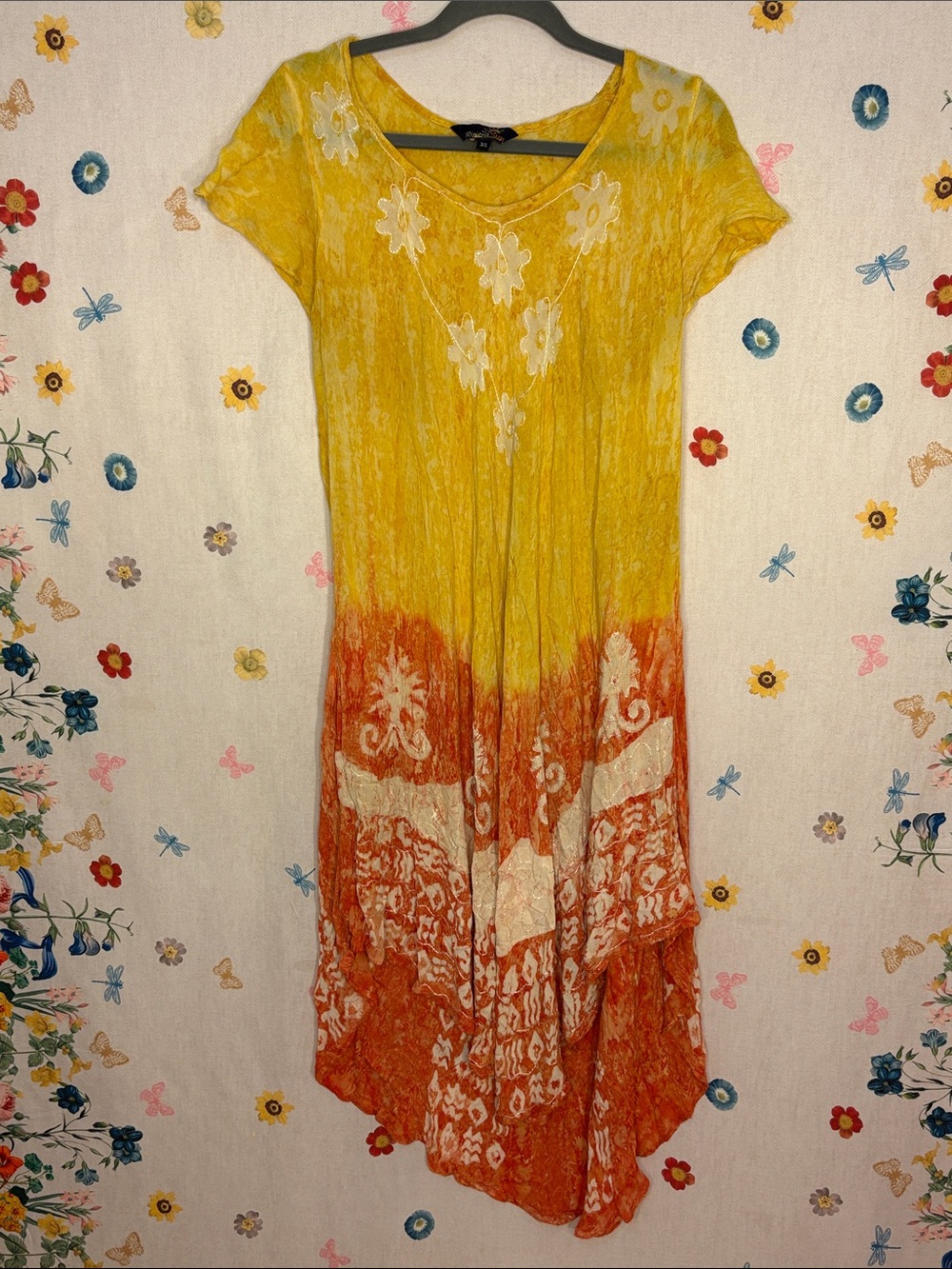 Riviera Sun - Bright Yellow & Orange Tie-Dye Embroidered Flowy Dress - XL